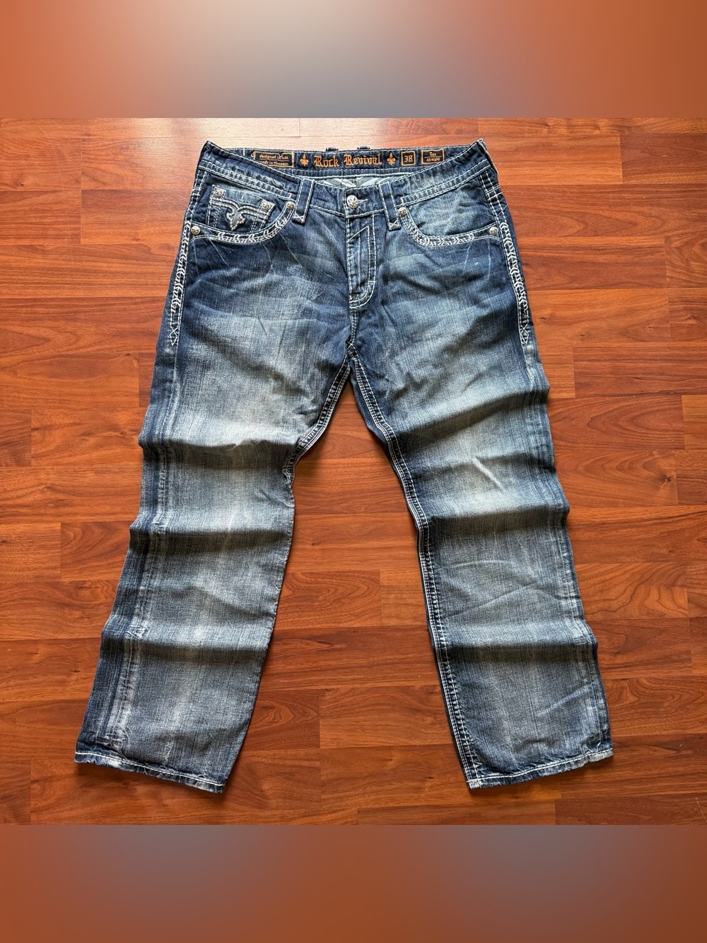 Y2K Rock Revival Leo Straight 38 x 33.5 inches mens denim washed blue jeans